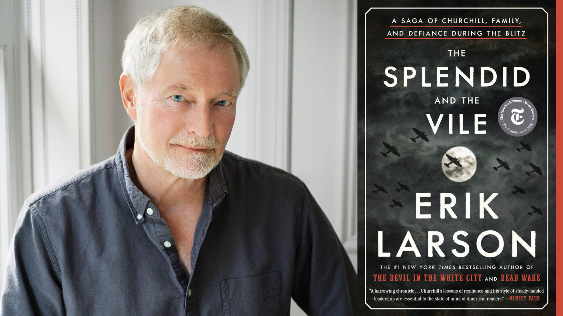 Author Erik Larson with a book cover of his latest work, "The Splendid and the Vile"