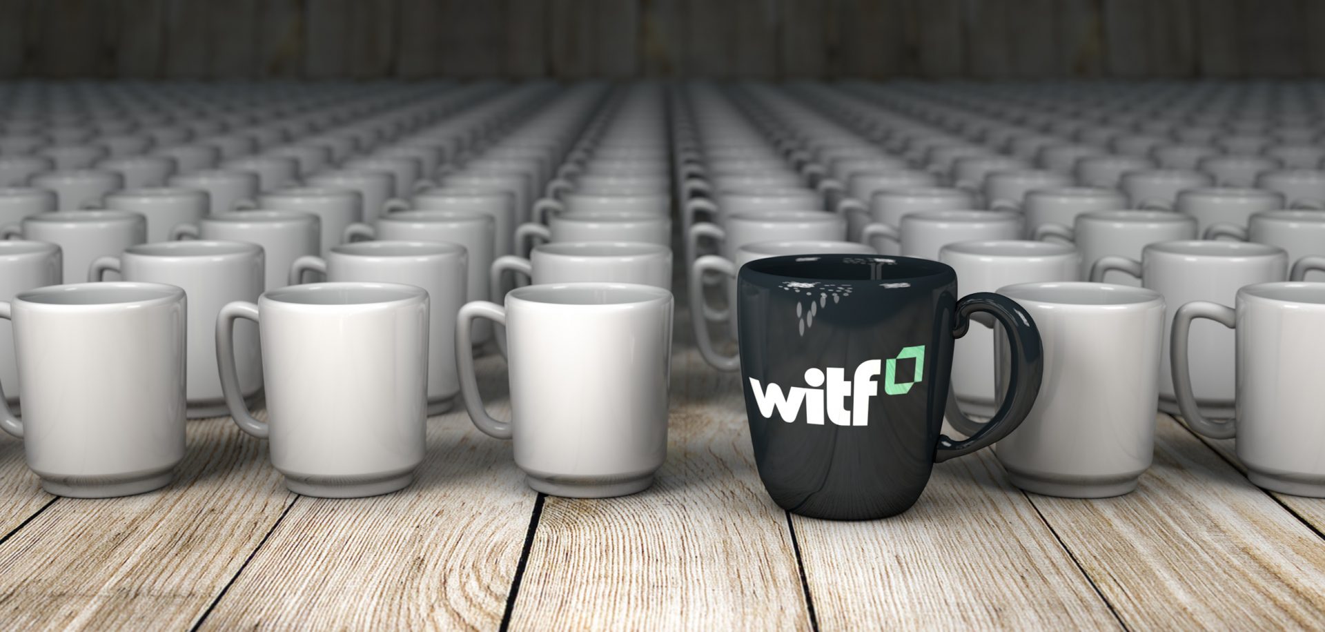 Shows a black WITF coffee mug in a sea of identical bland white coffee mugs.