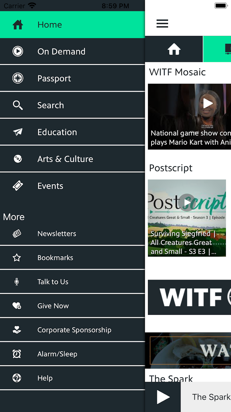 WITF mobile app sidebar menu.