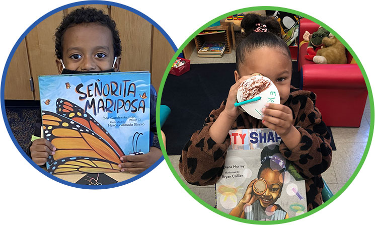 A boy and a girl posing with books they received through the Explore in the Classroom program.